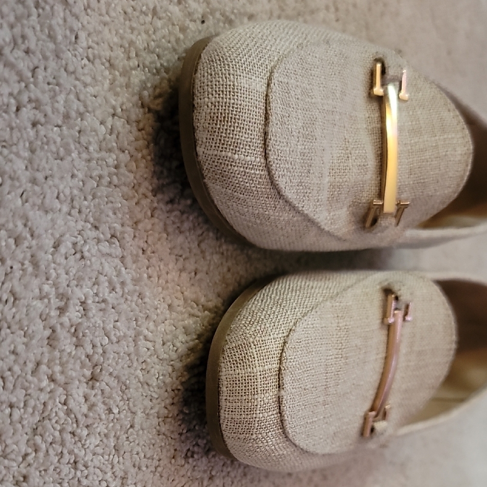 Beige Woven Style Loafers with Gold Buckle - Picture 4 of 9